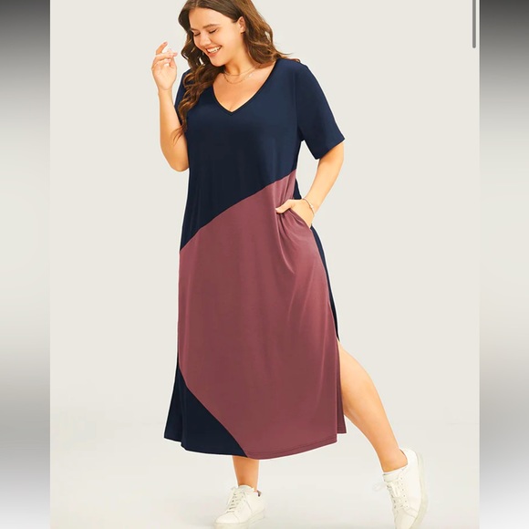Colorblock Contrast V Neck Pocket Split Hem Dress - Picture 1 of 3